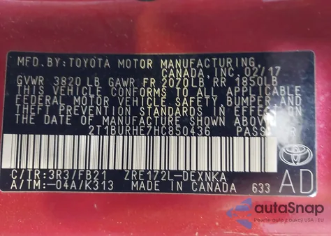 2017 Toyota Corolla Le из США, поврежденный, VIN 2T1BURHE7HC850436